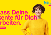 Junge lächelnde Frau und Text in magenta auf gelb: Lass Deine Rente für Dich arbeiten. #GenKap